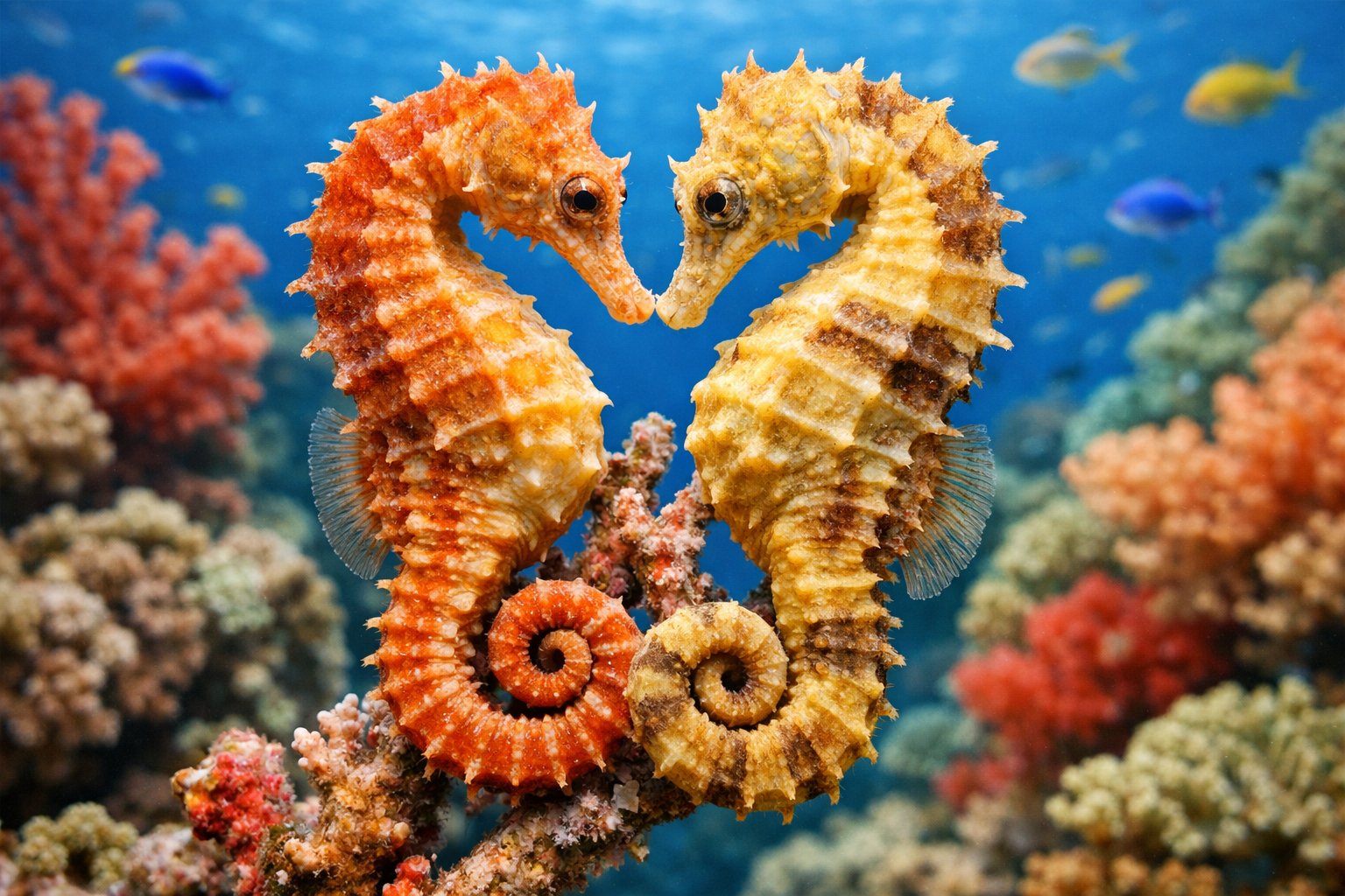 Two seahorses intertwined among coral in a colorful underwater scene.