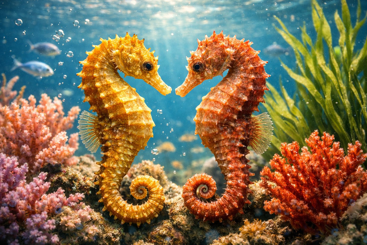 Two seahorses facing each other underwater among coral and seaweed with small fish swimming nearby.