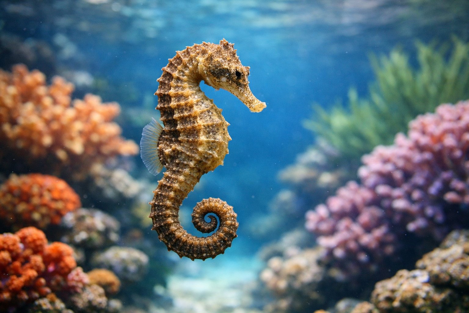 A single seahorse swimming alone in a clear aquarium with coral and aquatic plants.