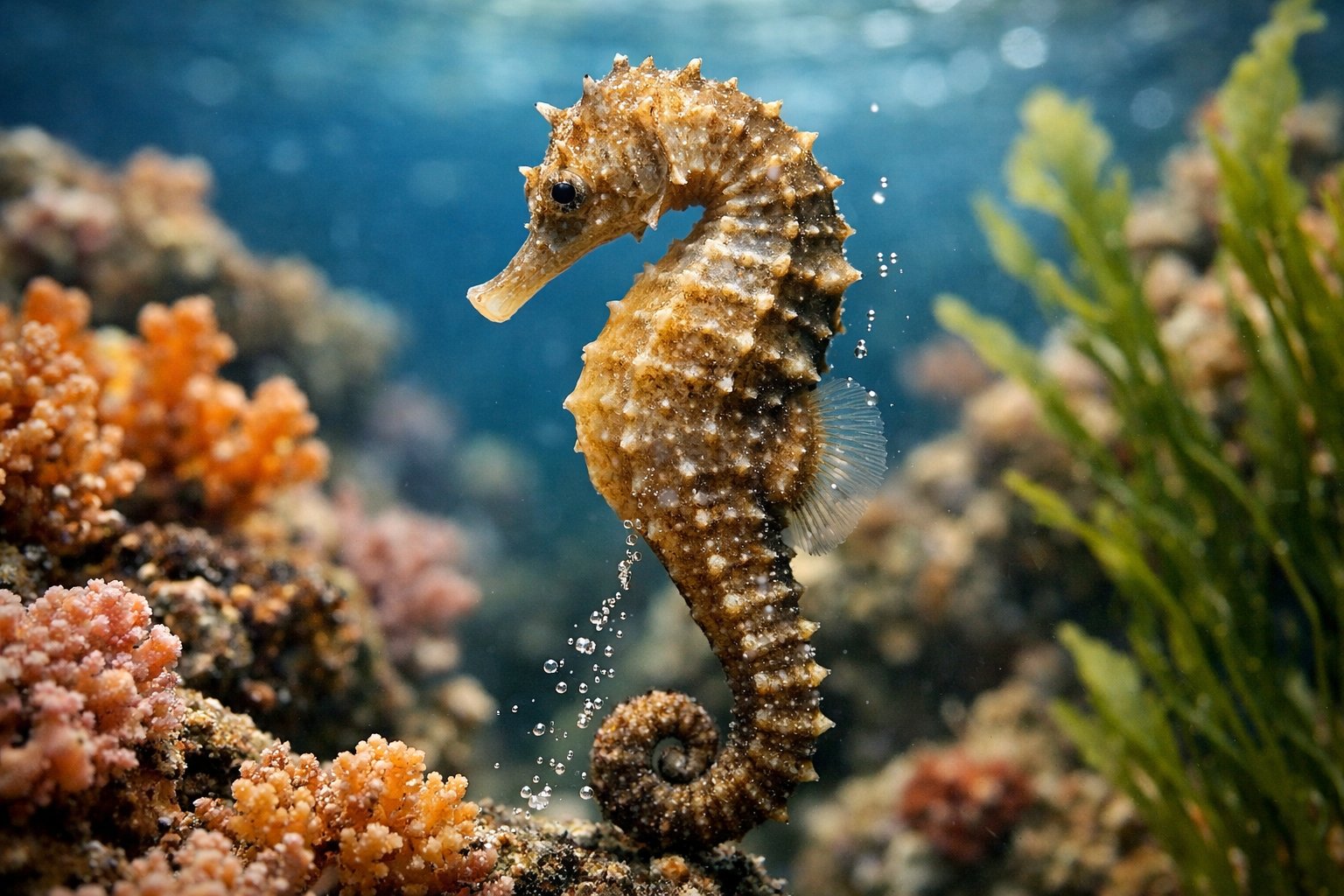 Close-up of a seahorse underwater near coral and seaweed with small bubbles rising around it.