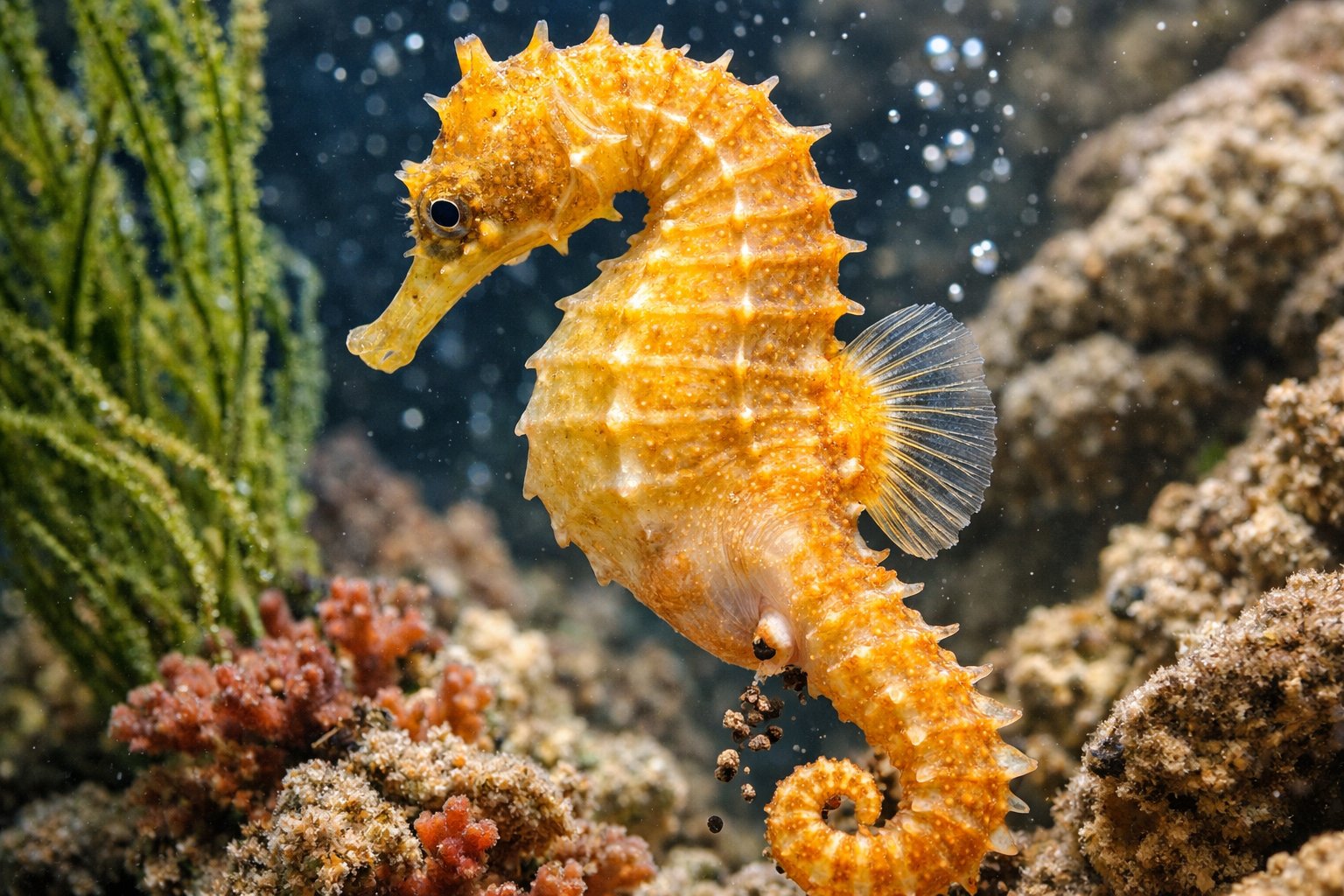 Close-up underwater image of a seahorse surrounded by coral and seaweed.