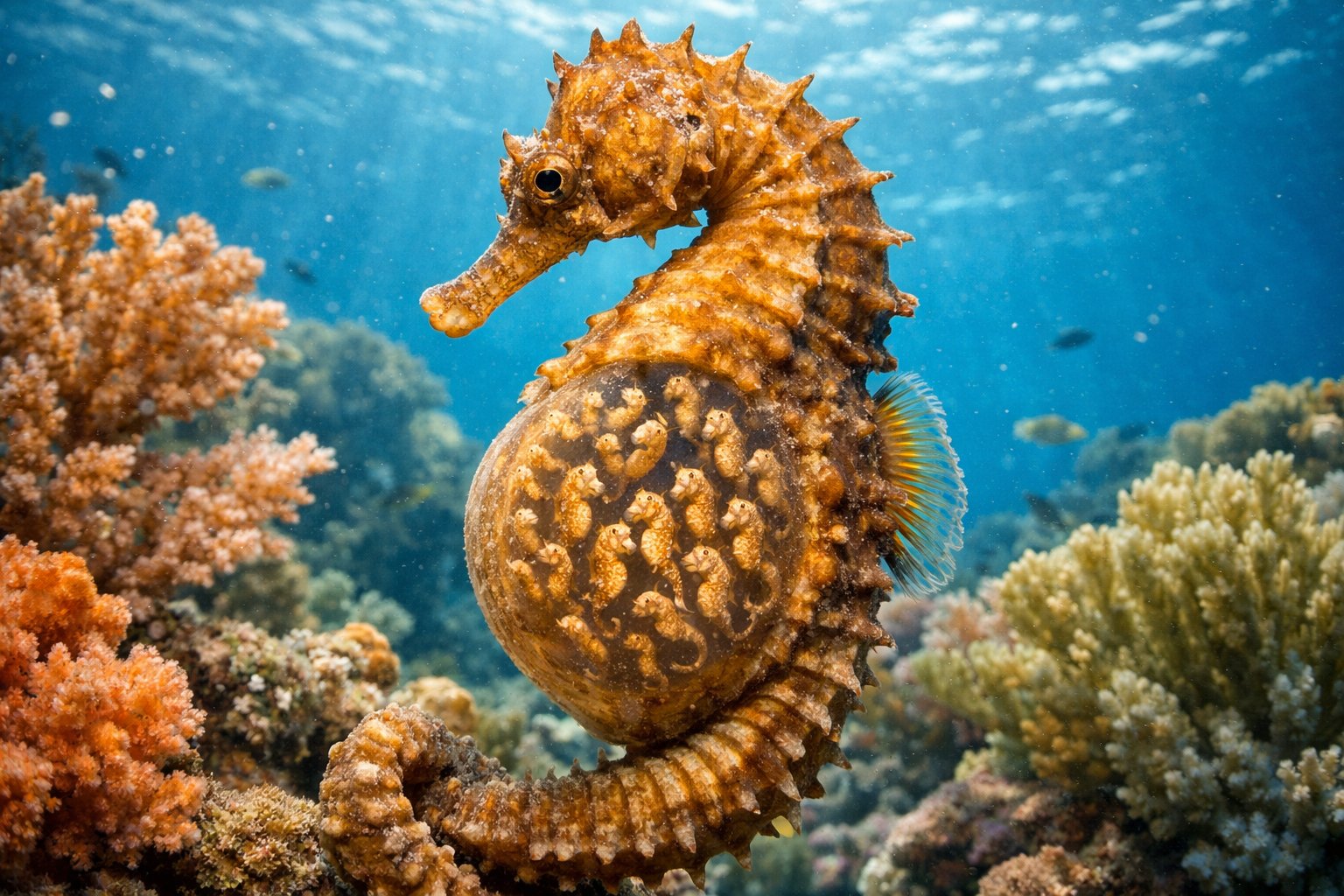 A male seahorse underwater with a brood pouch containing baby seahorses, surrounded by coral and clear blue water.