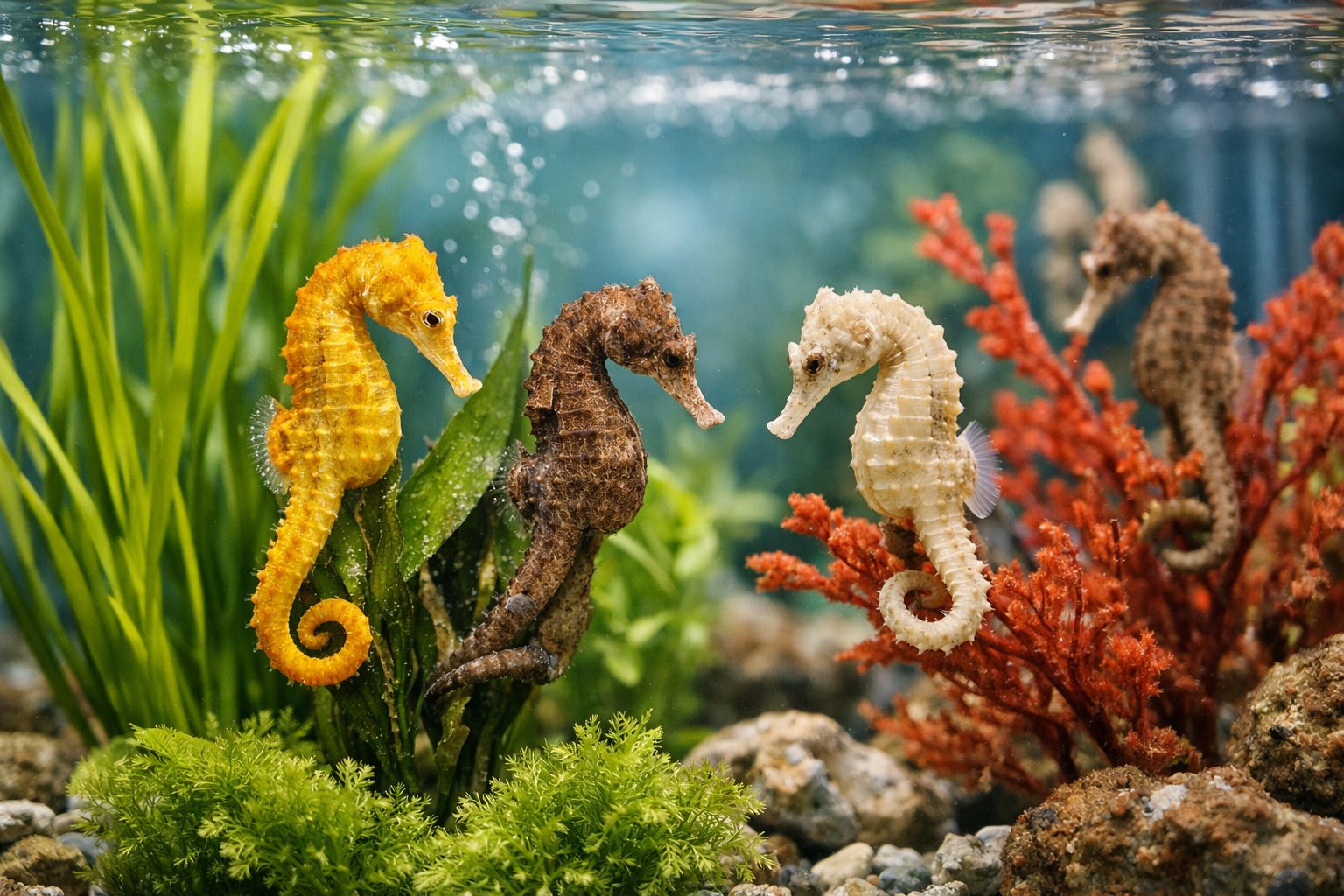 Several seahorses clinging to underwater plants inside a clear aquarium tank.