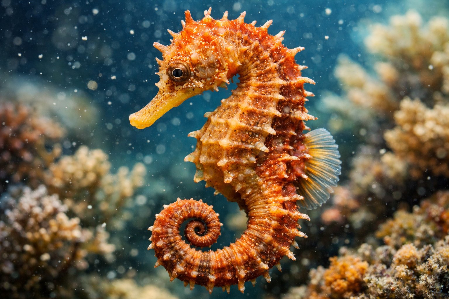 A close-up underwater view of a seahorse swimming near coral and aquatic plants.