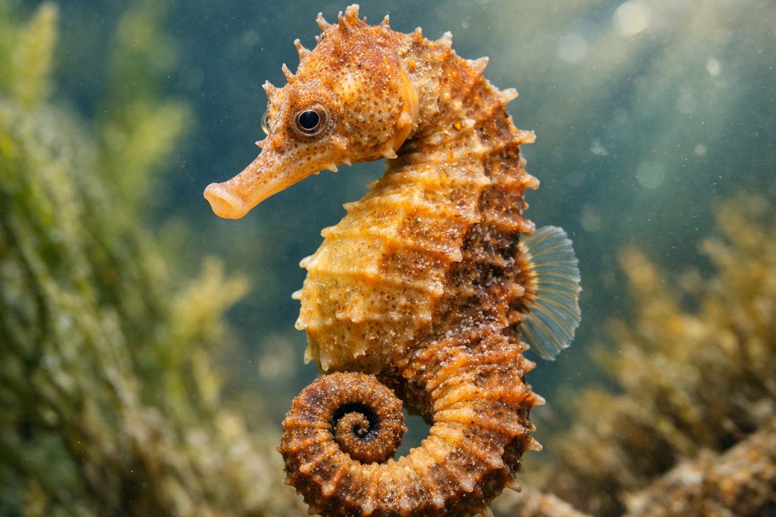 Close-up underwater image of a seahorse showing its head and body with aquatic plants in the background.