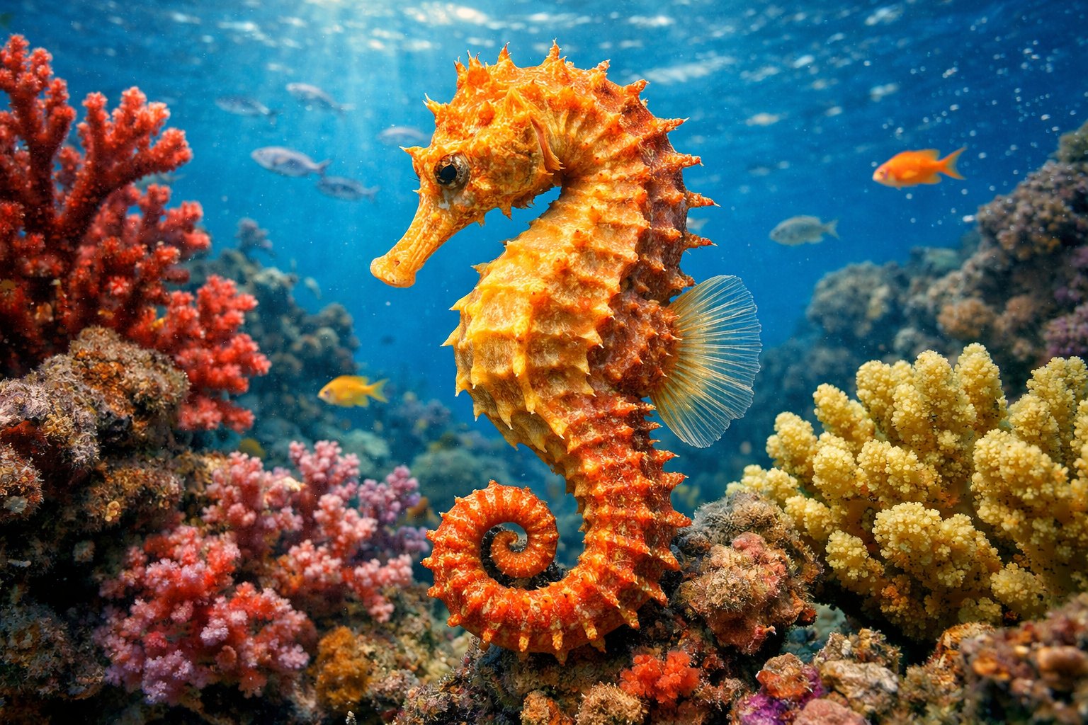 Close-up of a seahorse swimming among colorful coral and small fish underwater.