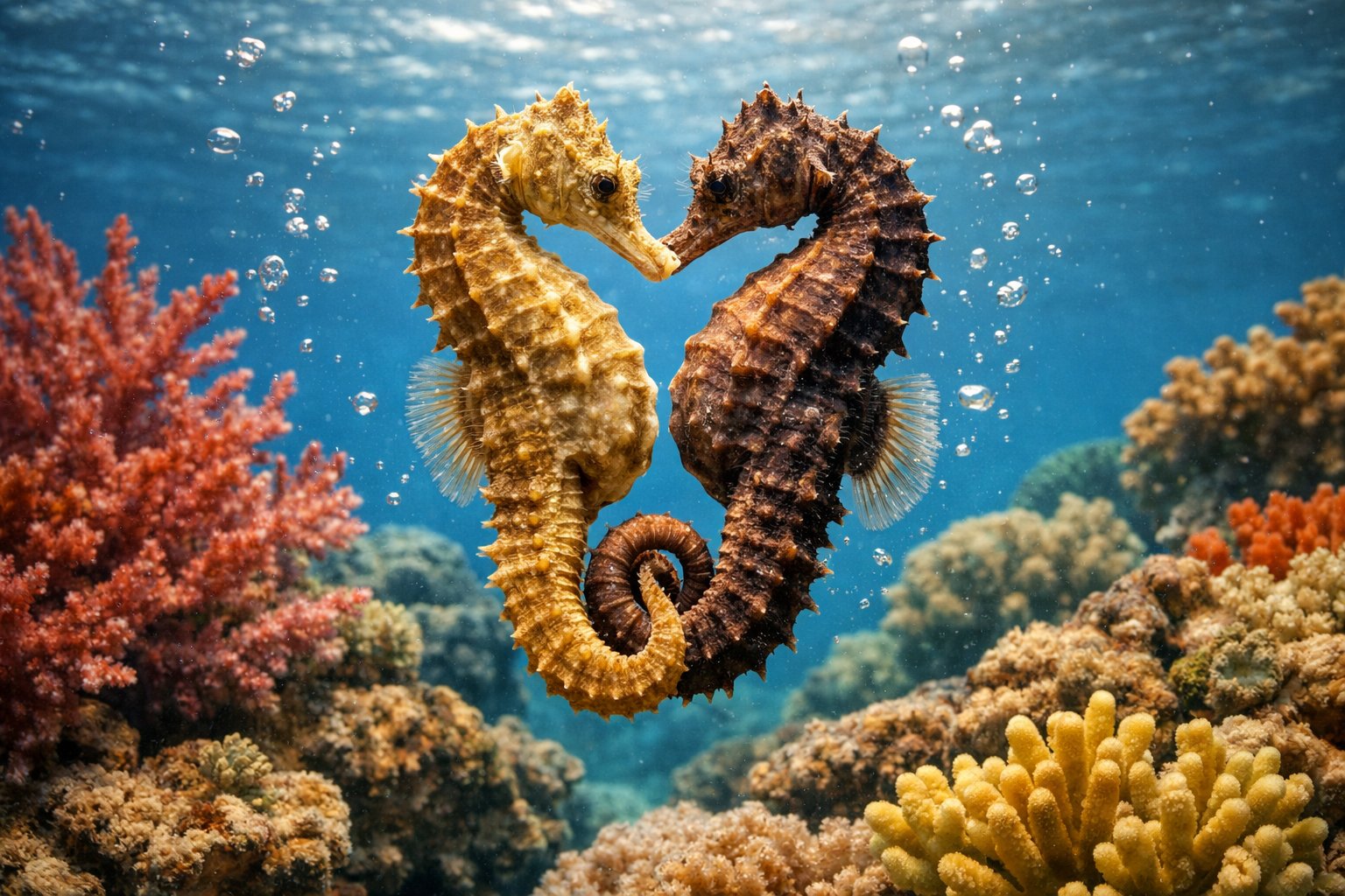 Two seahorses intertwined underwater among coral reefs in a clear blue ocean.