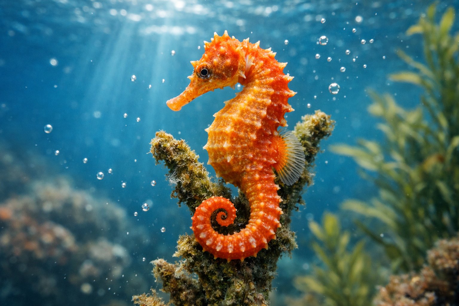 A close-up underwater scene showing a seahorse attached to coral in clear blue water.