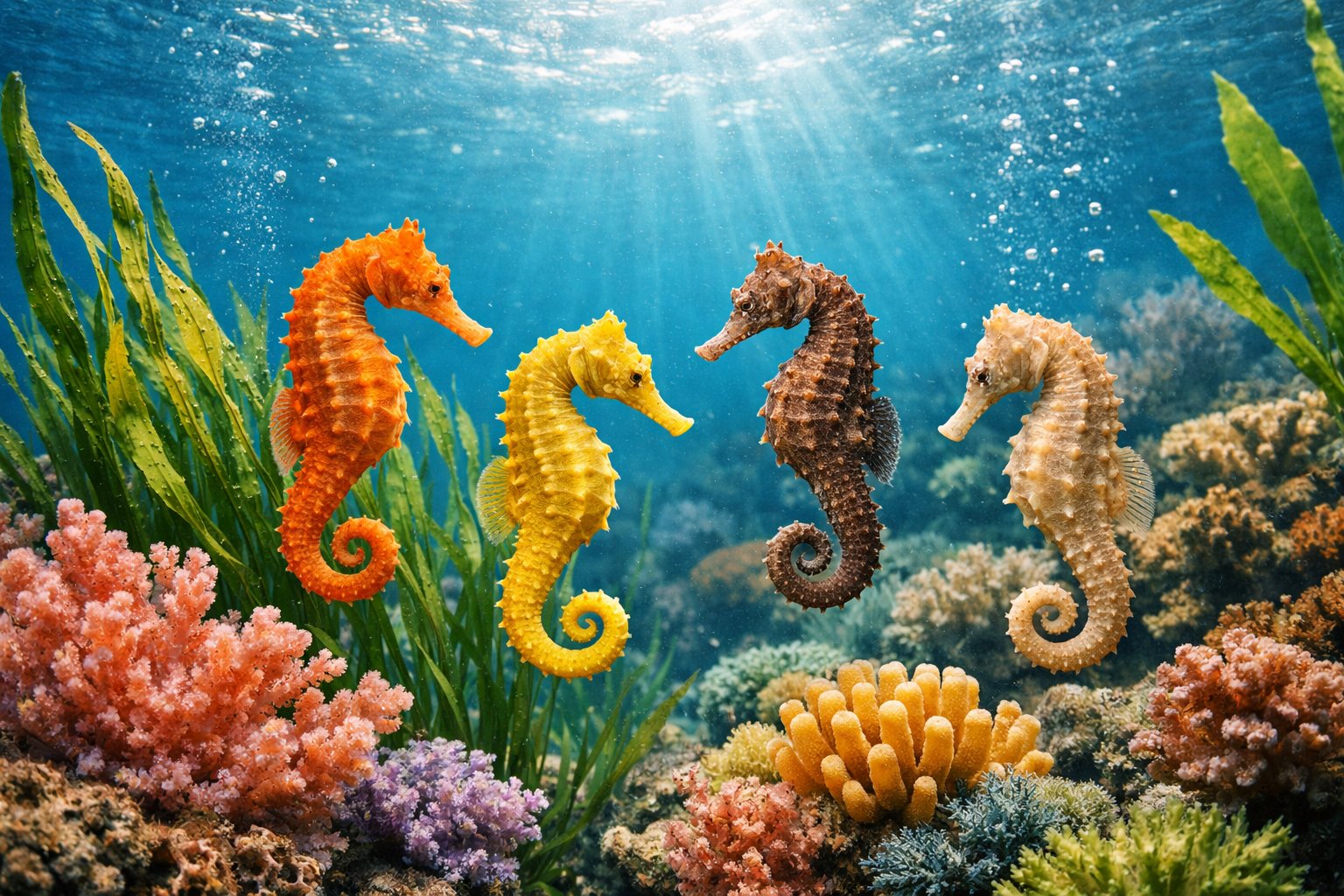 Several seahorses floating among underwater plants and coral in clear ocean water with sunlight filtering through.