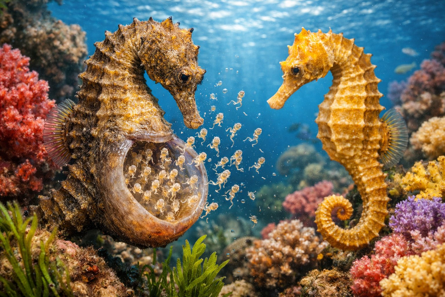 Two seahorses underwater near coral, one carrying tiny baby seahorses in its pouch.