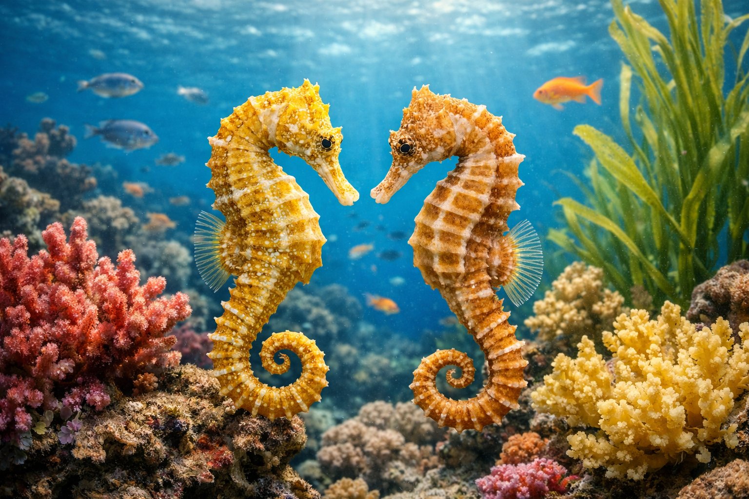 Two seahorses floating near coral reefs and seaweed underwater with small fish swimming around.