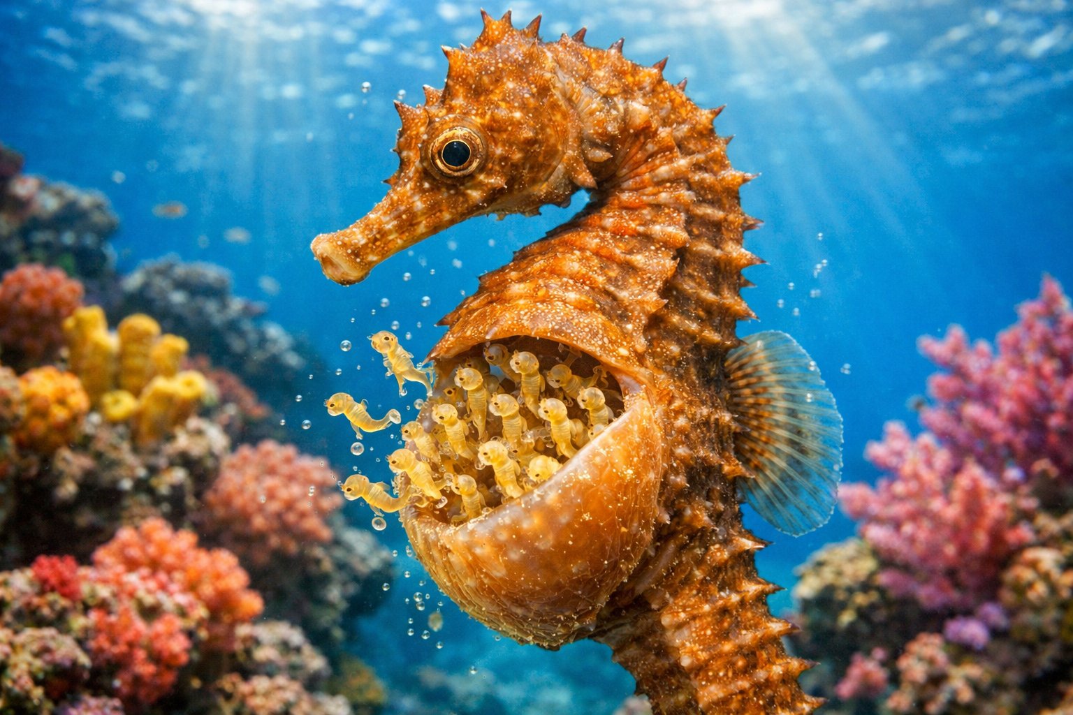 Close-up of a male seahorse carrying baby seahorses in its brood pouch underwater among coral reefs.
