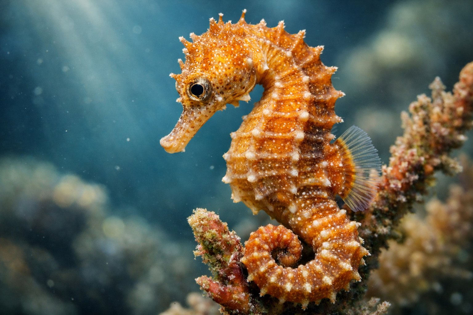 Close-up underwater view of a seahorse attached to coral with a blurred ocean background.