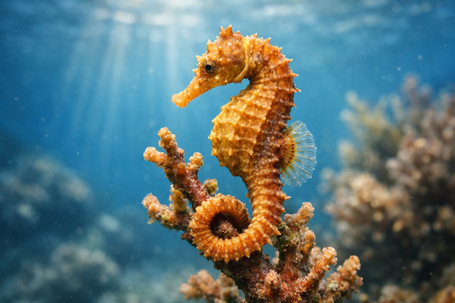 A close-up underwater view of a seahorse attached to coral with sunlight filtering through clear blue water.