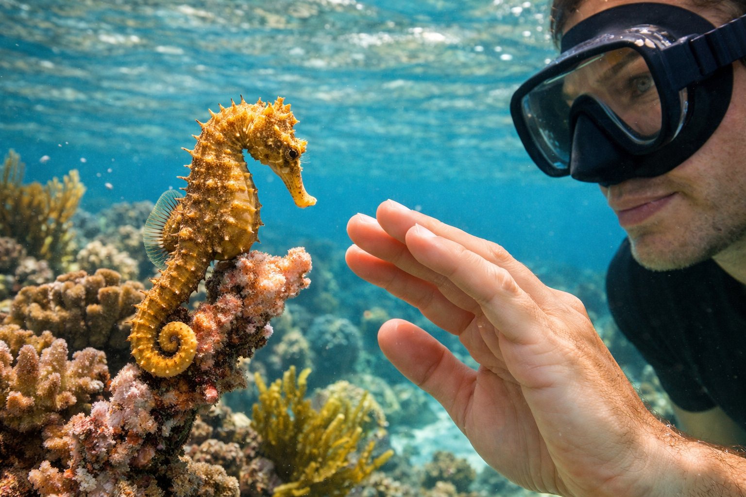 A person observing a seahorse underwater near coral without touching it.