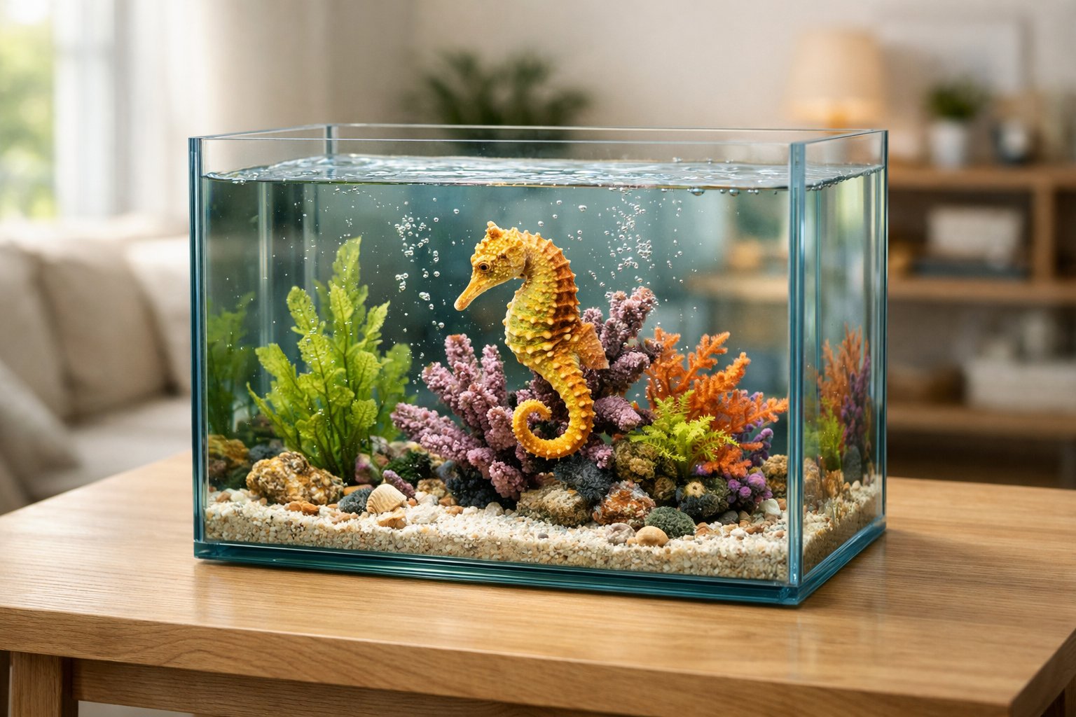 A seahorse inside a glass aquarium on a wooden table in a bright living room.