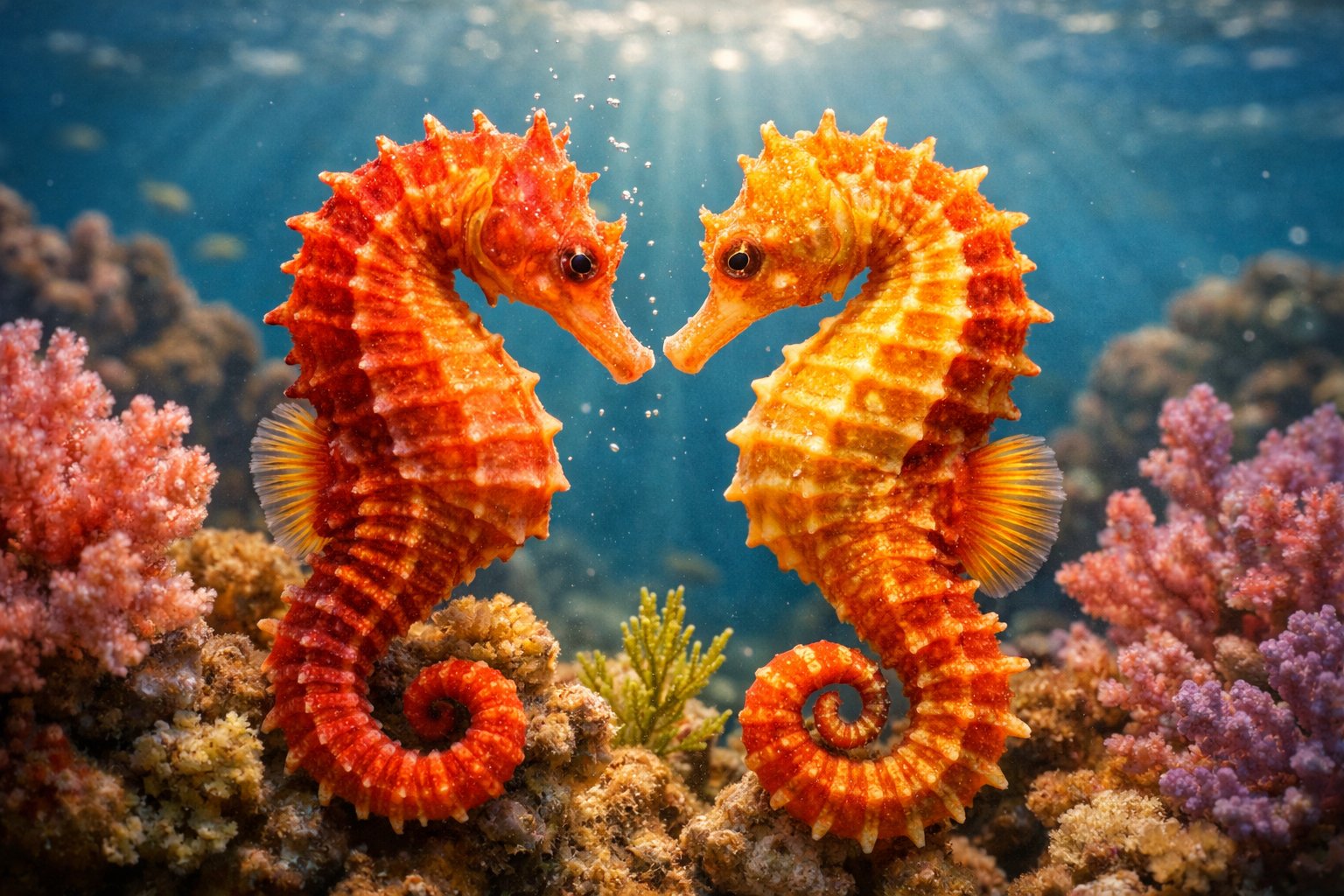 Two seahorses facing each other closely in a sunlit coral reef underwater.