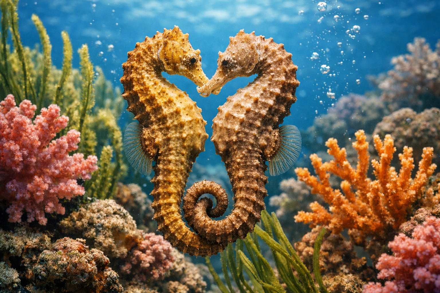 Two seahorses intertwined among coral and sea plants underwater.