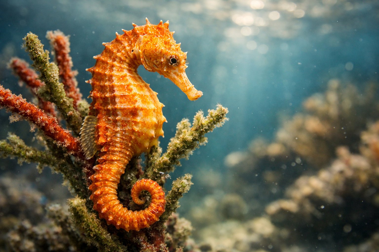 A close-up underwater view of a seahorse clinging to coral in a natural marine environment.