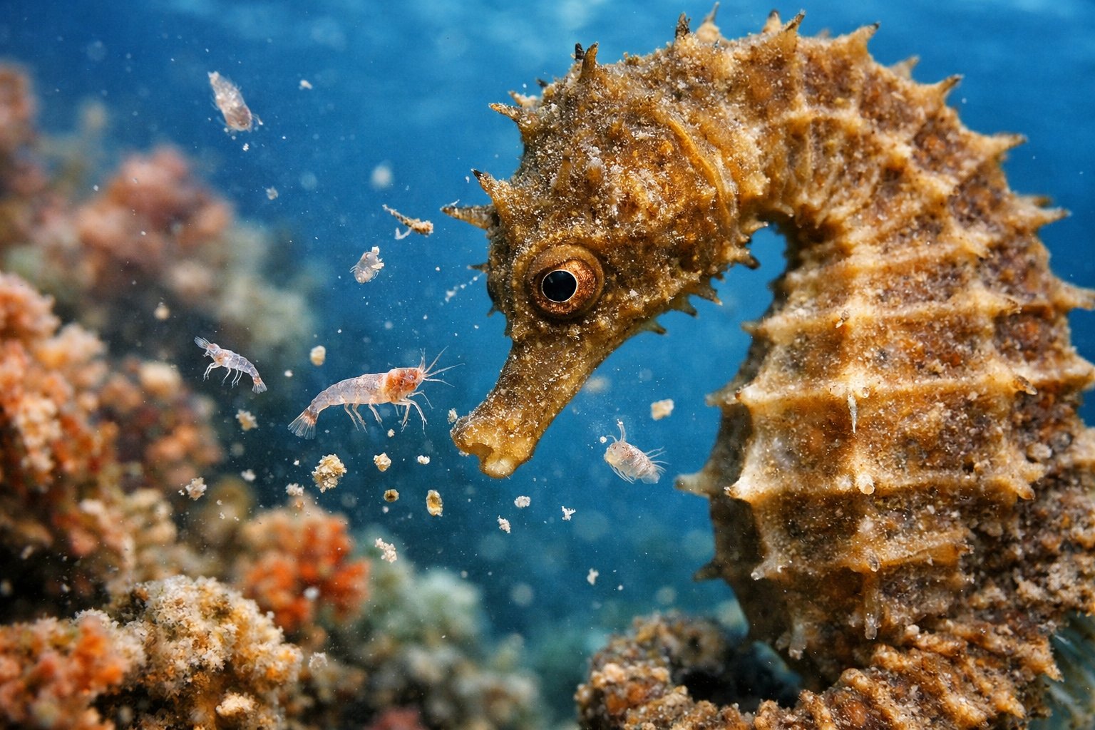 A close-up underwater image of a seahorse near small shrimp, plankton, and tiny crustaceans in a coral reef.