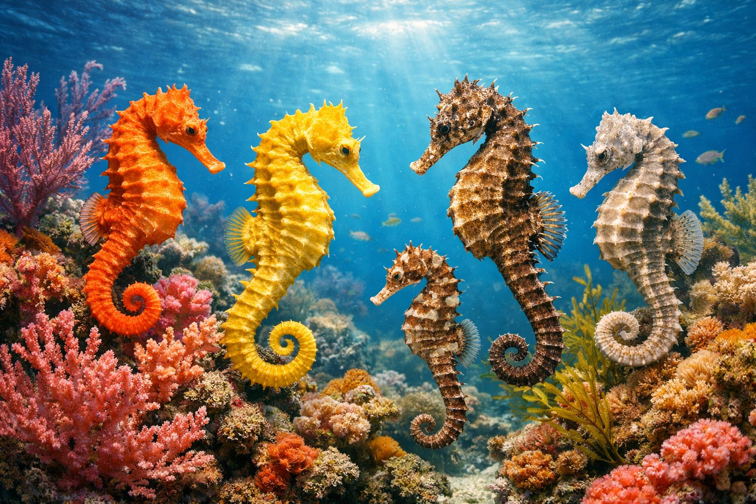 Several seahorses of different species floating among coral and aquatic plants underwater.