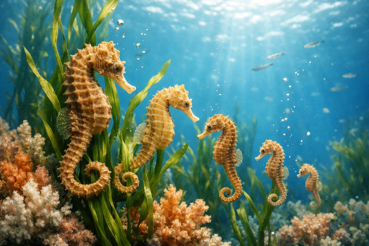 Underwater scene showing several seahorses clinging to seaweed and coral in clear blue water.
