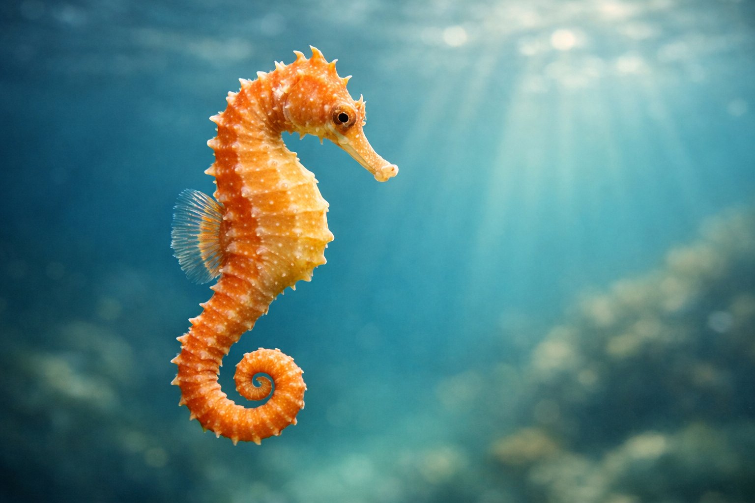 A single seahorse floating underwater with sunlight filtering through the water.