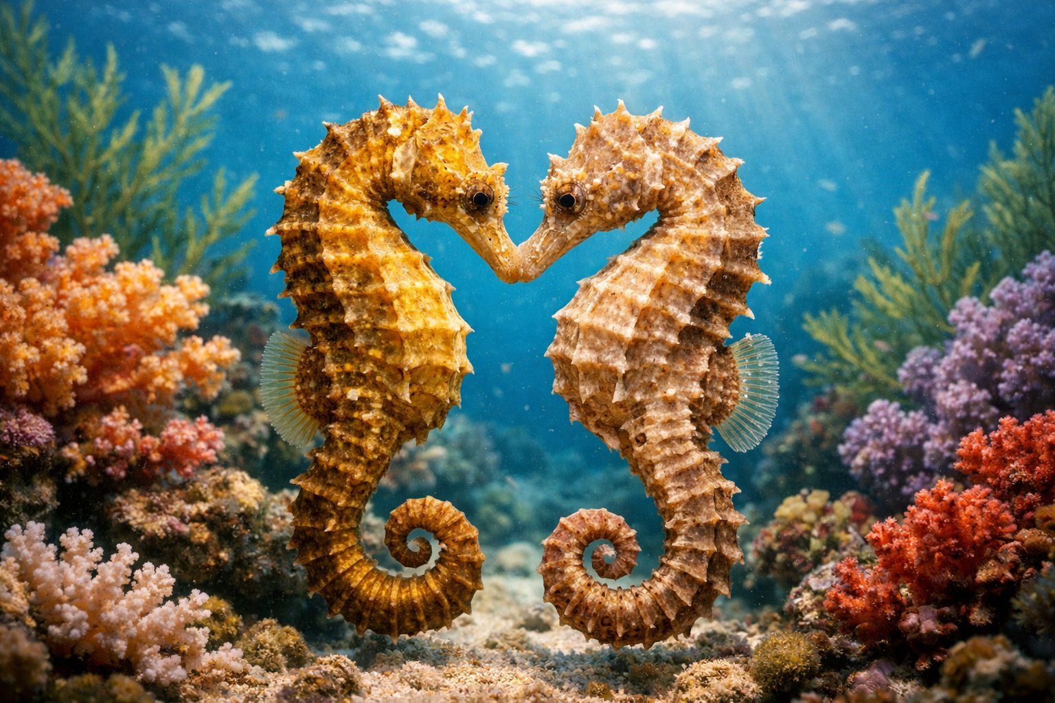 Two seahorses facing each other closely among coral and underwater plants.