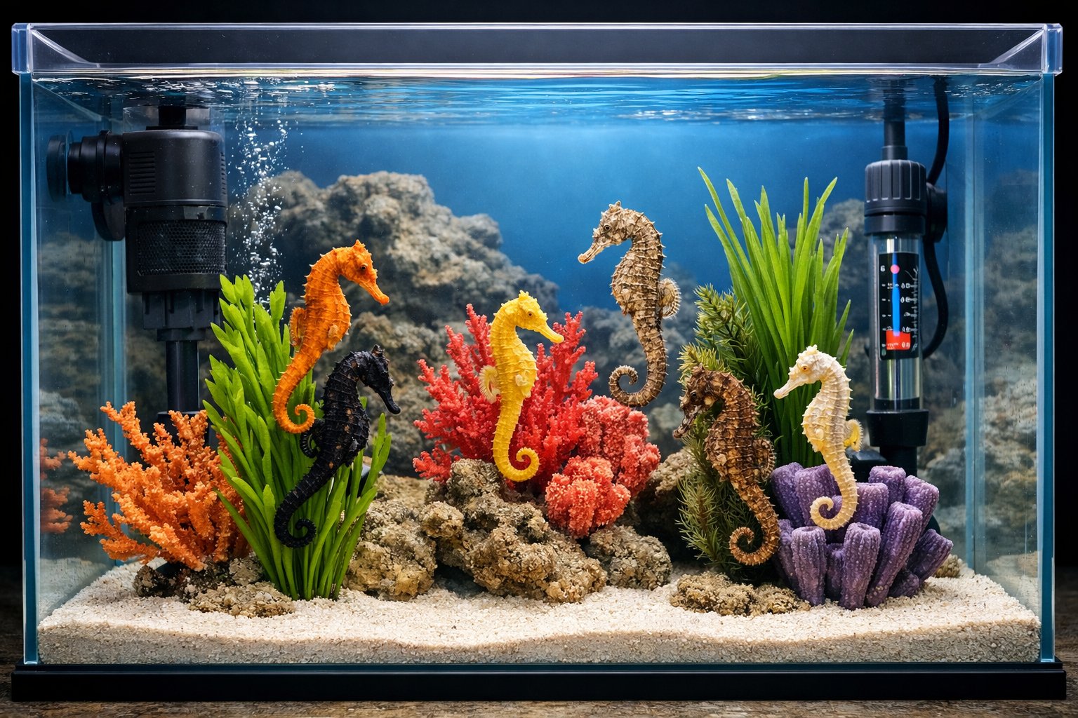 A seahorse aquarium with live plants, coral decorations, a water filter, a heater, and several seahorses inside.