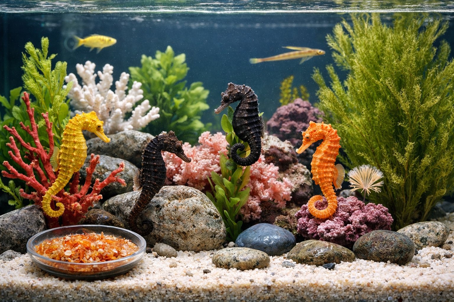 A clear aquarium with seahorses swimming among sea plants, coral, and rocks, with small fish and a dish of seahorse food nearby.