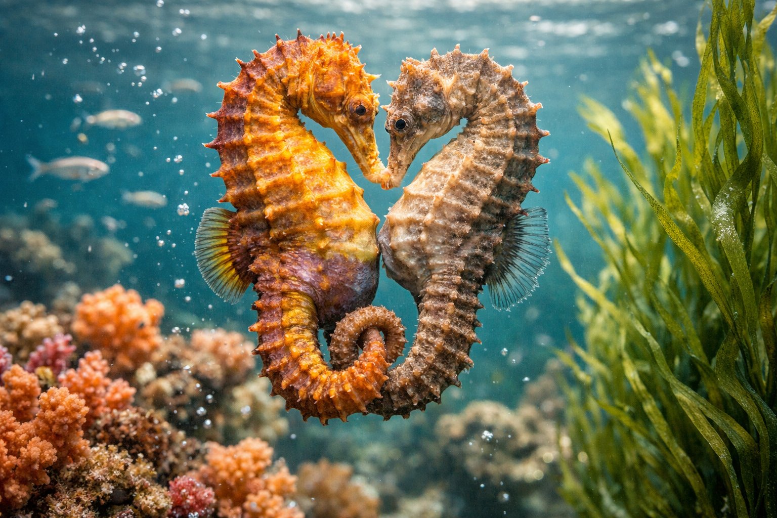 Two seahorses entwined together underwater among coral and seaweed during their mating ritual.