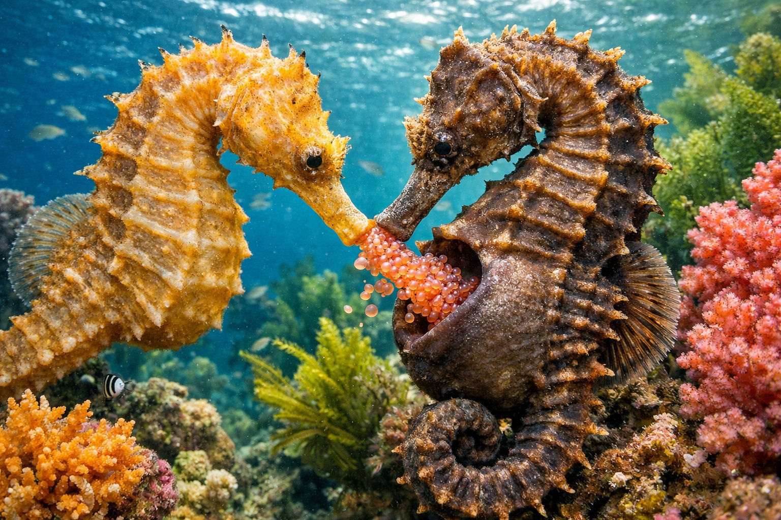 A pair of seahorses underwater with the female transferring eggs into the male's brood pouch among coral and seaweed.