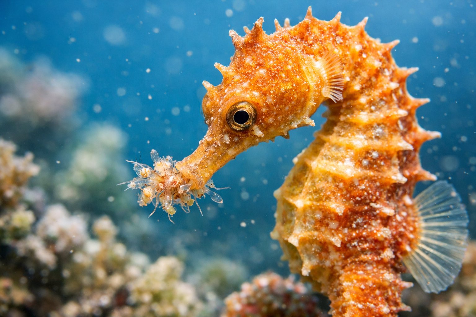 Close-up underwater image of a seahorse near coral, feeding on tiny plankton.