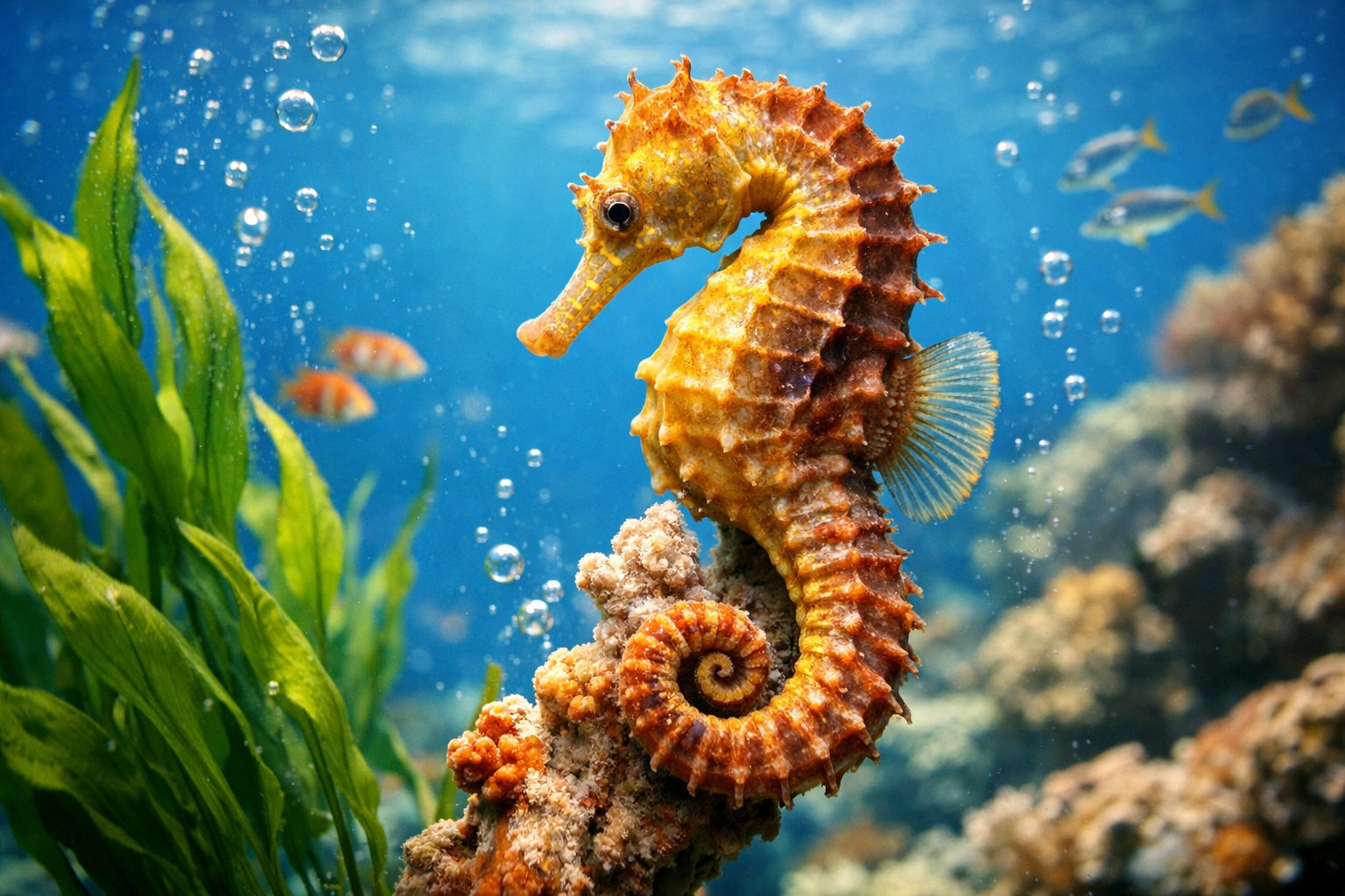 A close-up of a seahorse clinging to coral underwater surrounded by seaweed and small fish.