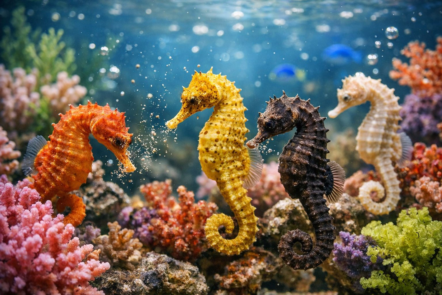 Close-up of seahorses swimming among coral and aquatic plants underwater.