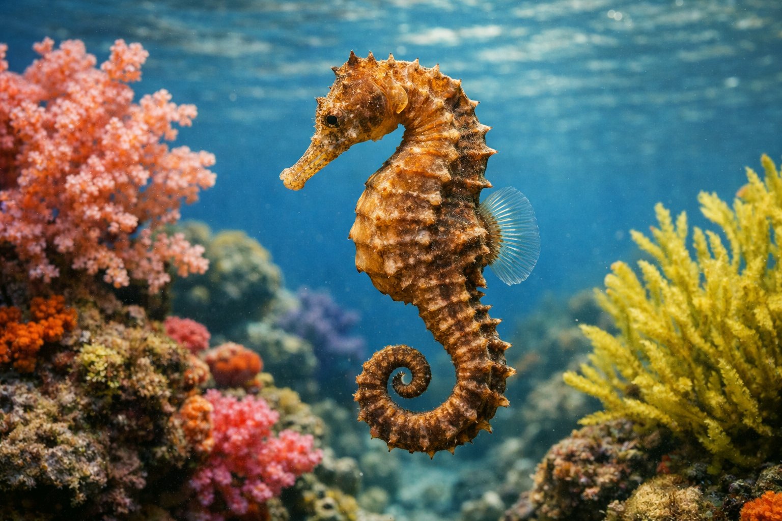 A seahorse floating near coral and sea plants underwater in a clear ocean environment.