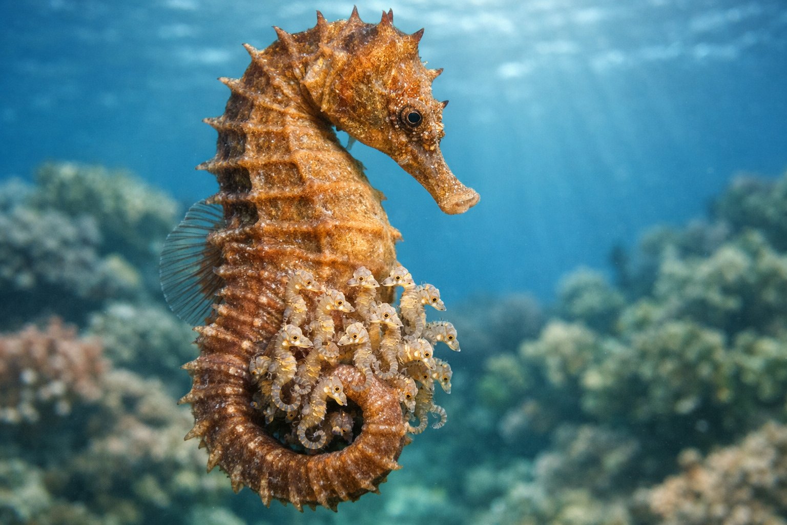 A male seahorse underwater carrying tiny baby seahorses attached to his tail near a coral reef.