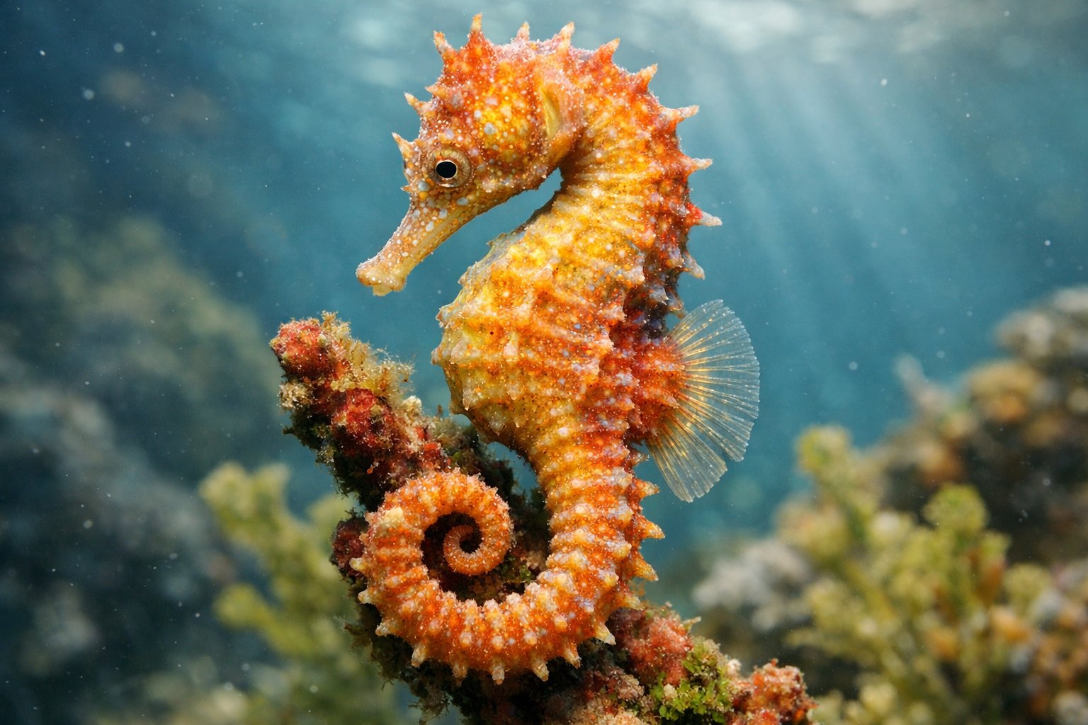 A close-up underwater view of a seahorse attached to coral in a clear ocean setting.