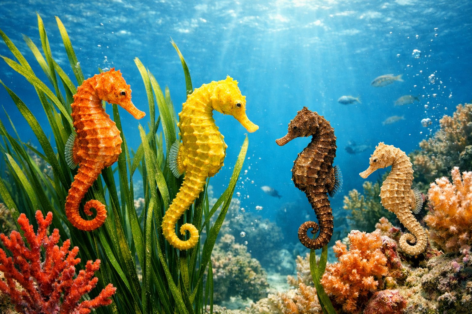 Several seahorses clinging to underwater plants in a clear blue ocean environment.