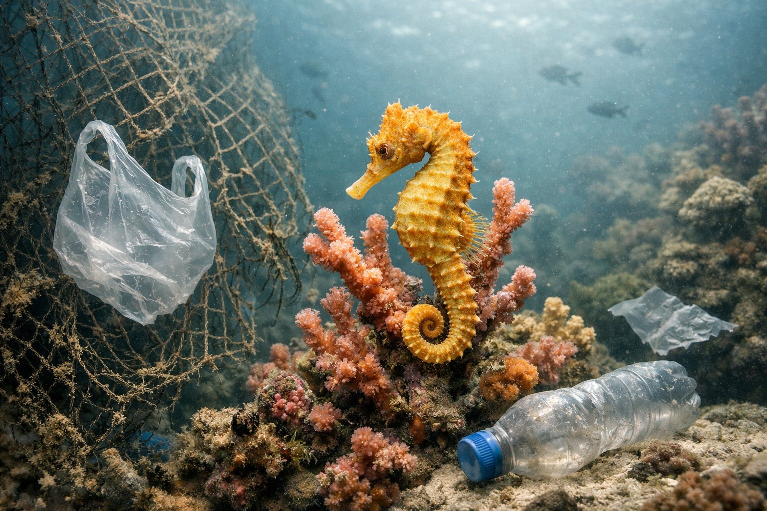A seahorse clinging to coral underwater surrounded by plastic debris and fishing nets in polluted water.