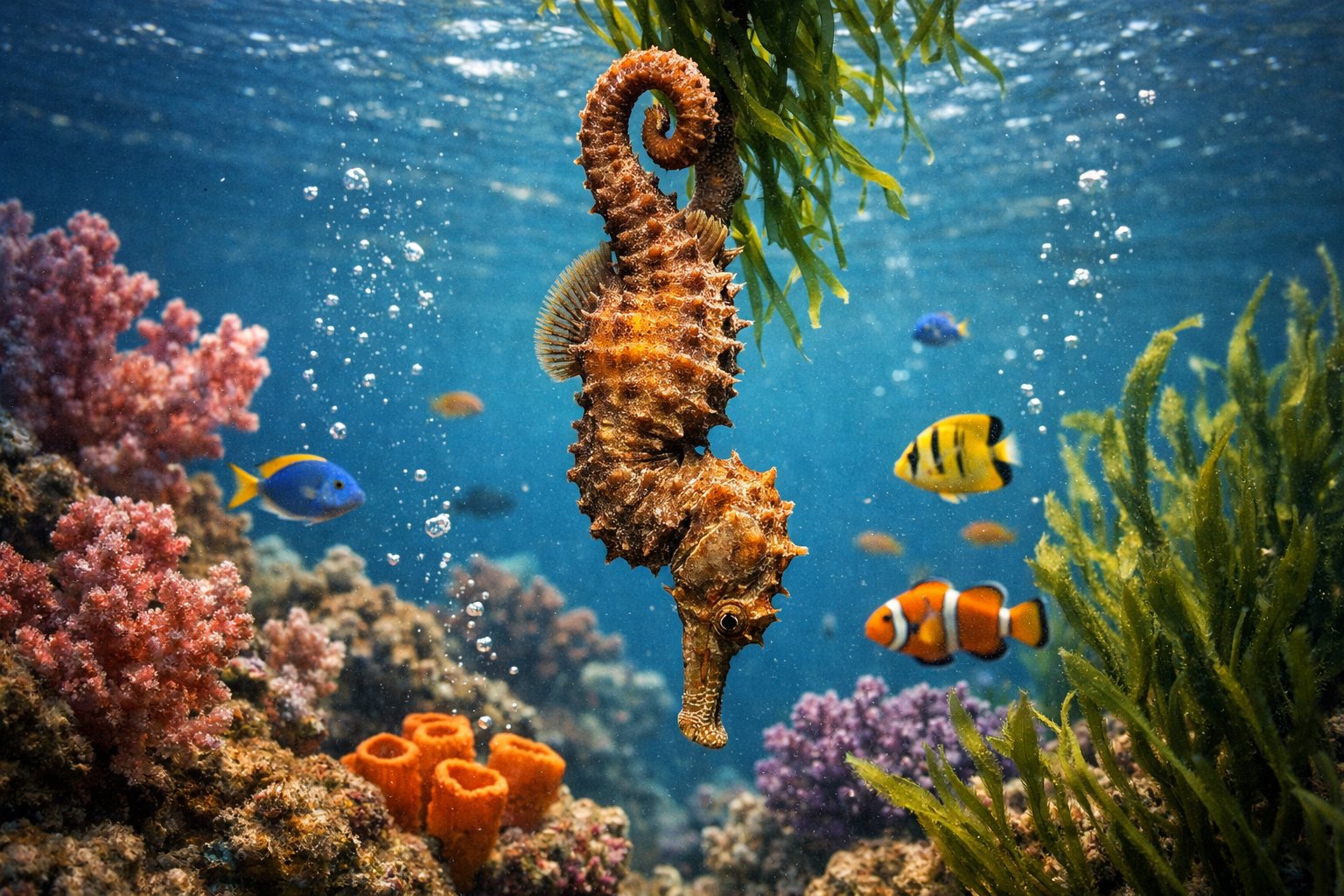 An underwater scene with a seahorse positioned upside down among coral and seaweed, surrounded by small fish.