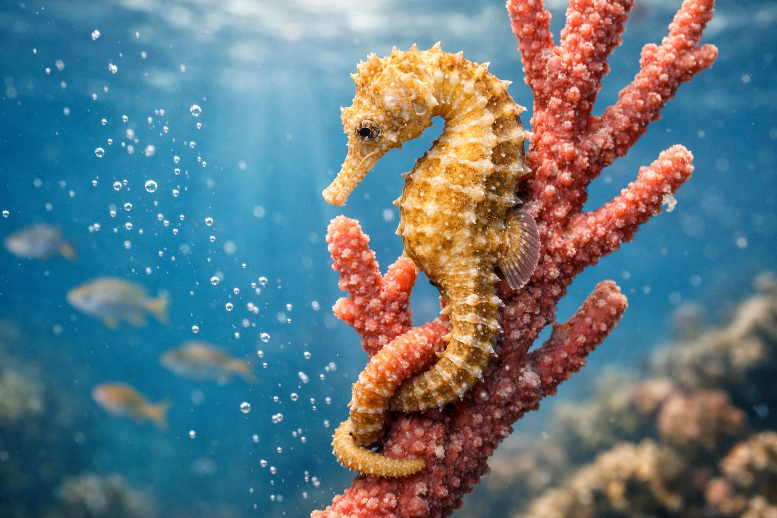 Close-up of a seahorse wrapped around coral underwater with sunlight filtering through the water.