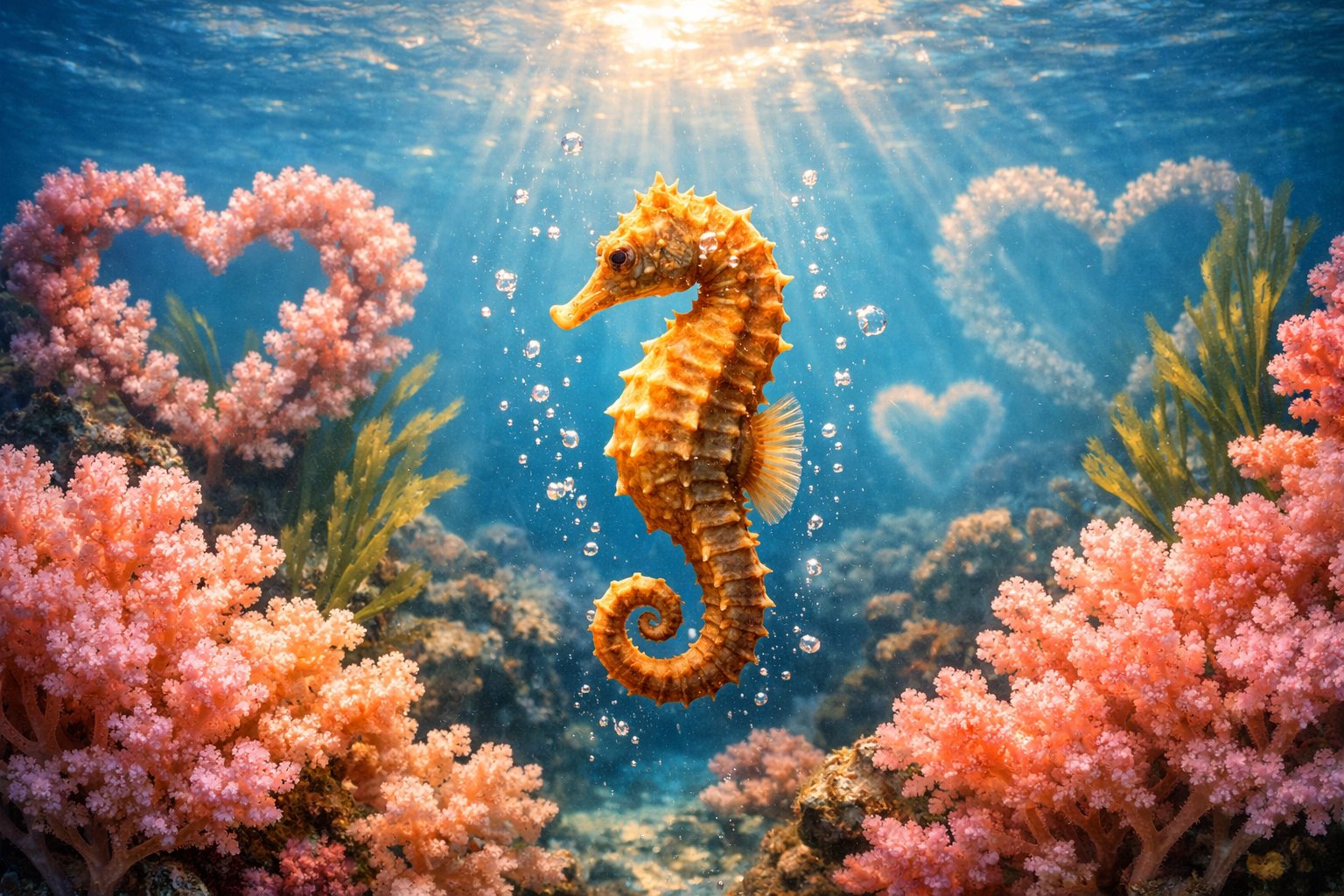 A seahorse swimming among coral reefs and seaweed underwater with sunlight filtering through the water.