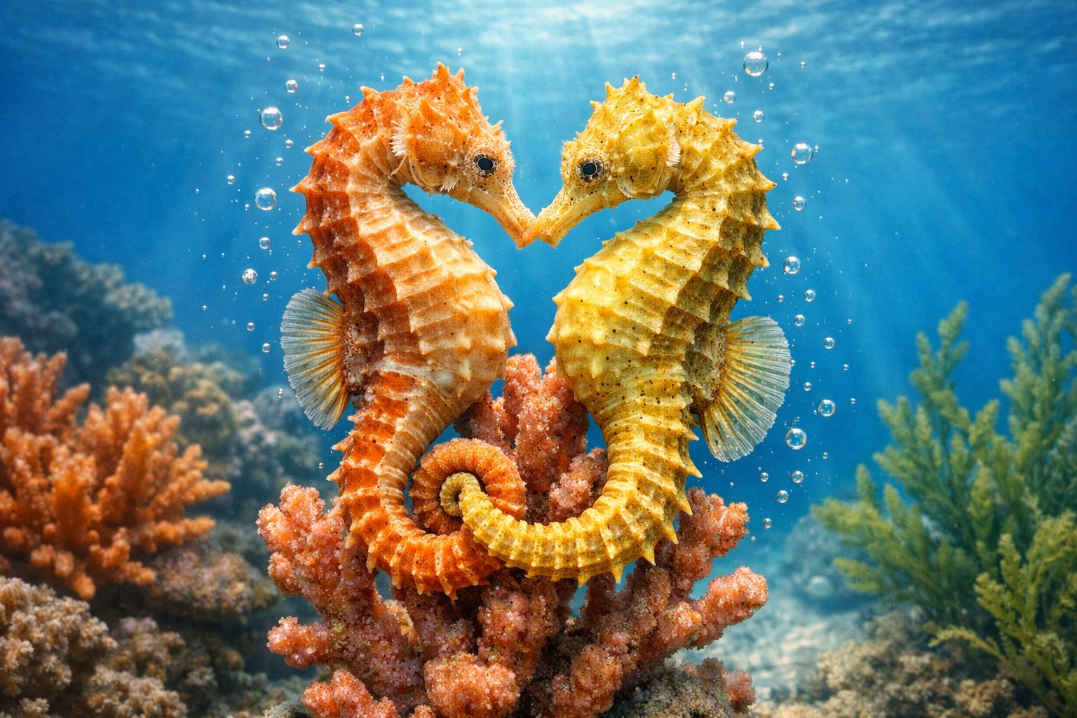 Two seahorses entwined around coral underwater in a clear blue ocean.