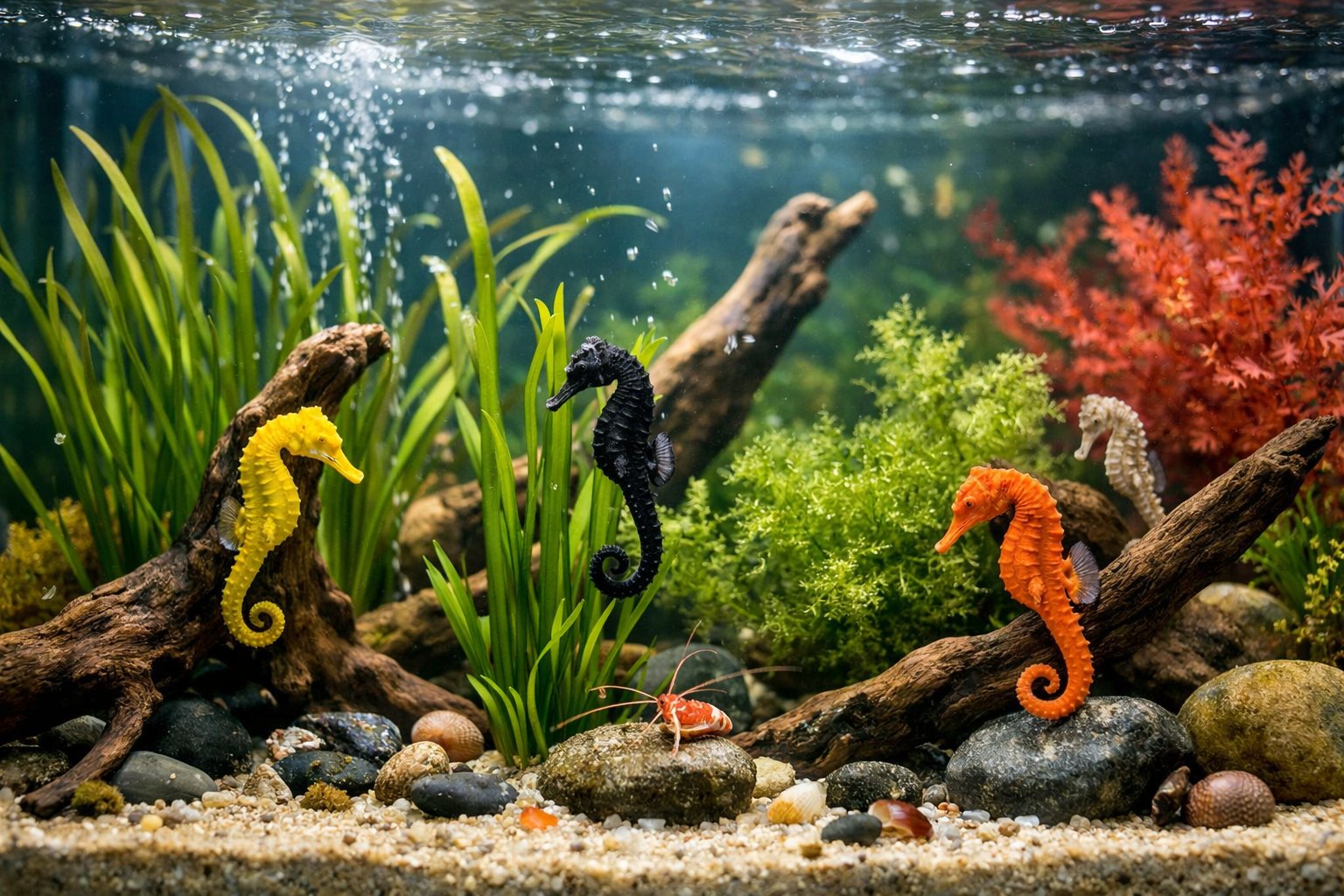 A marine aquarium tank with seagrass, driftwood, rocks, and clear water providing a natural habitat suitable for seahorses.