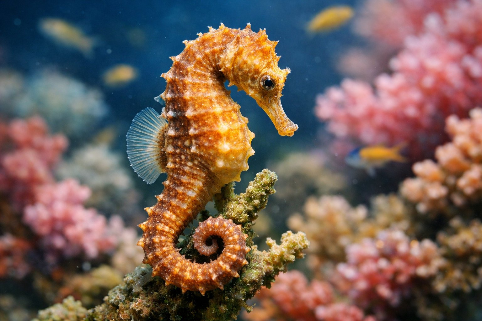 A close-up underwater image of a seahorse attached to coral in a colorful reef with small fish swimming nearby.