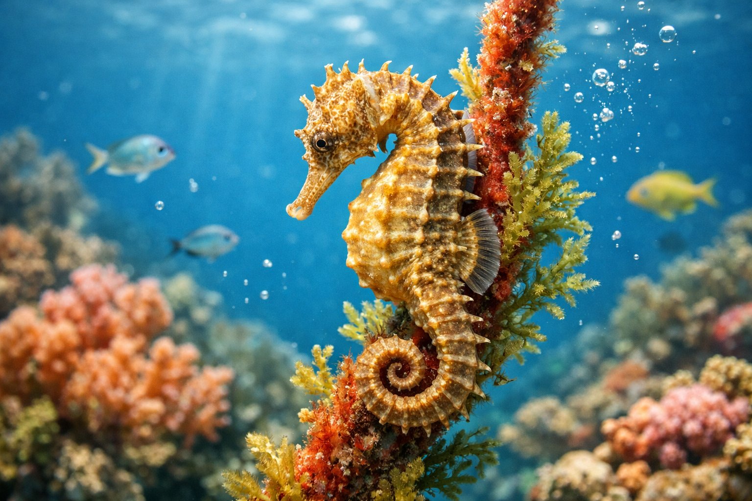 A close-up of a seahorse holding onto coral underwater with fish and marine plants around it.