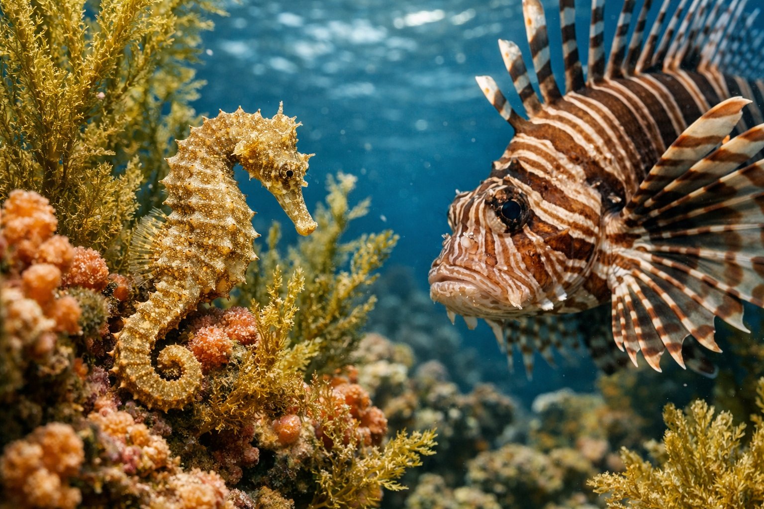 A seahorse near coral with a predatory fish approaching underwater.