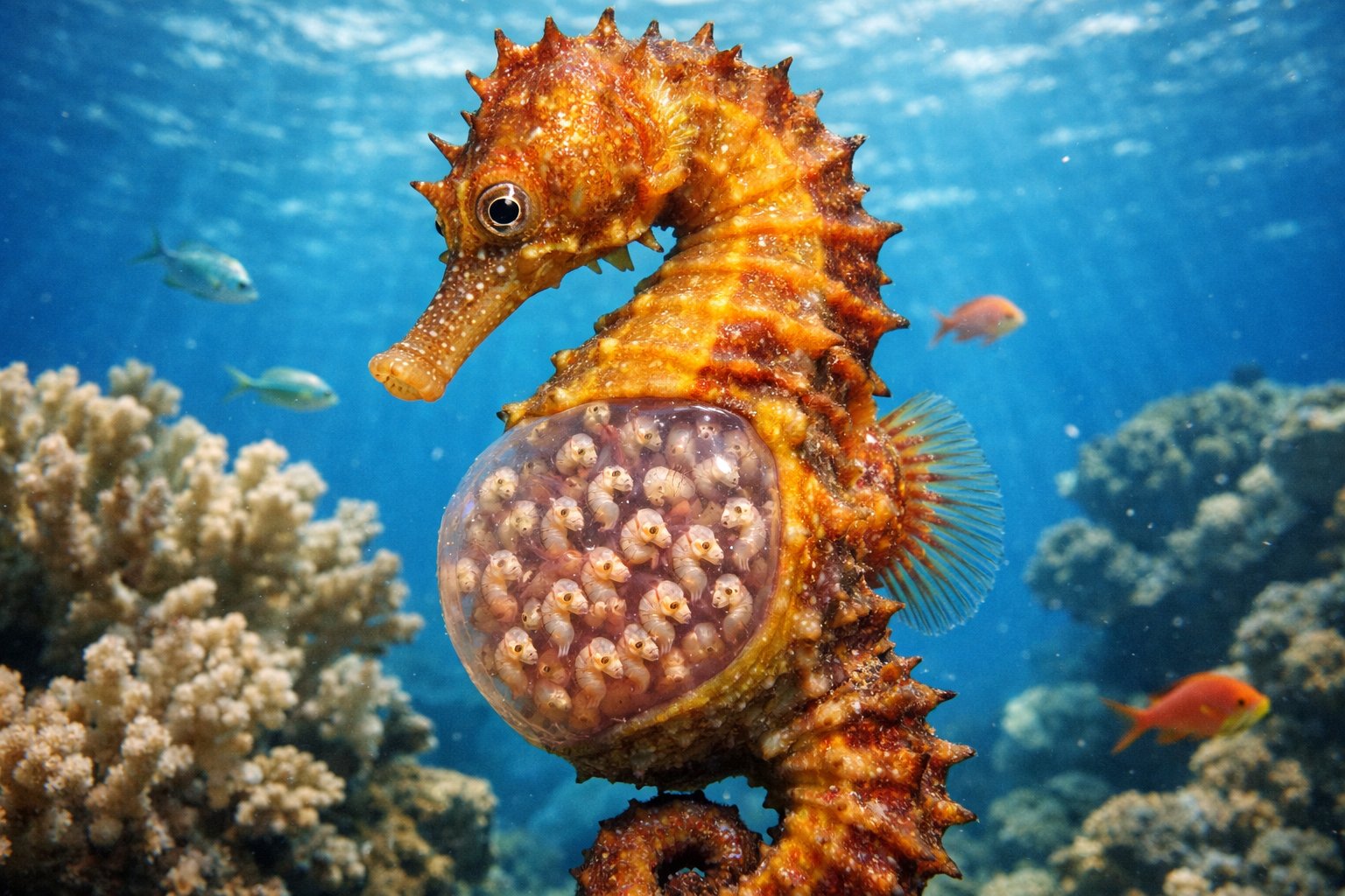 Close-up underwater view of a male seahorse with a brood pouch containing developing embryos, surrounded by coral and small fish.