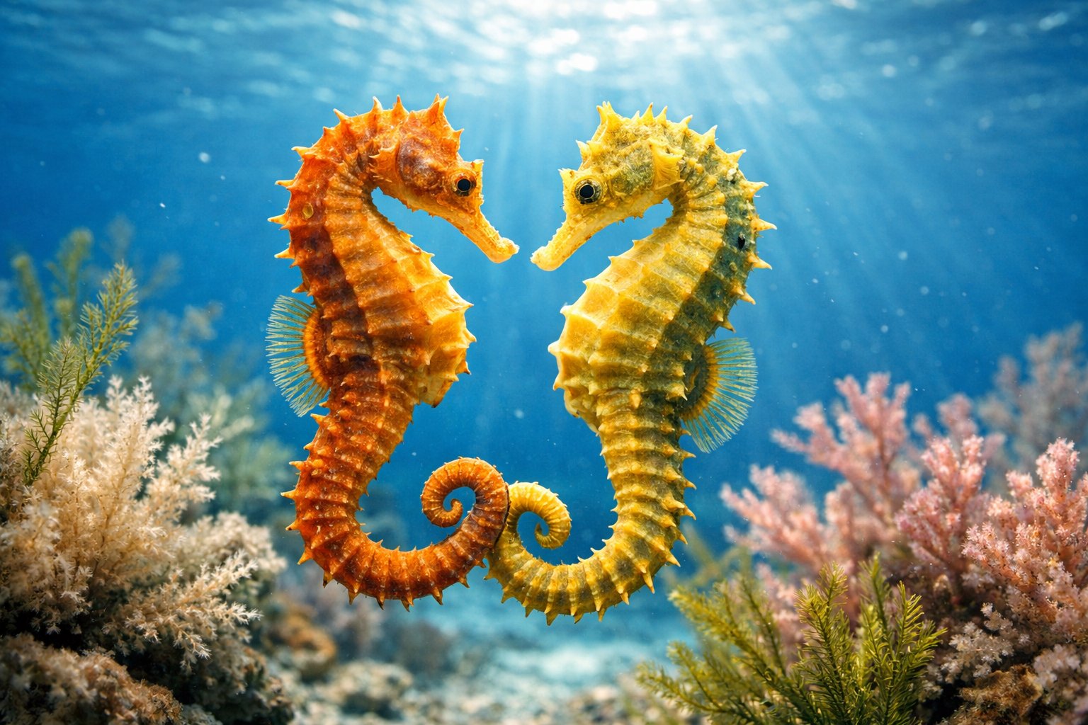 Two seahorses facing each other underwater among coral and plants.